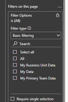 Power BI Filter Panel with the 4 calculation items as options