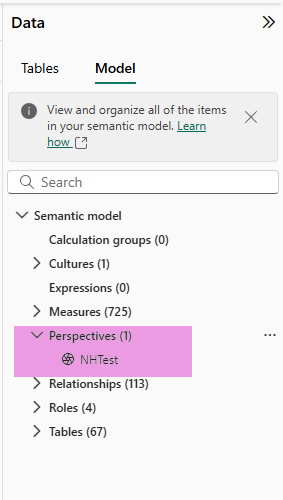 Showing List of Perspectives in current model