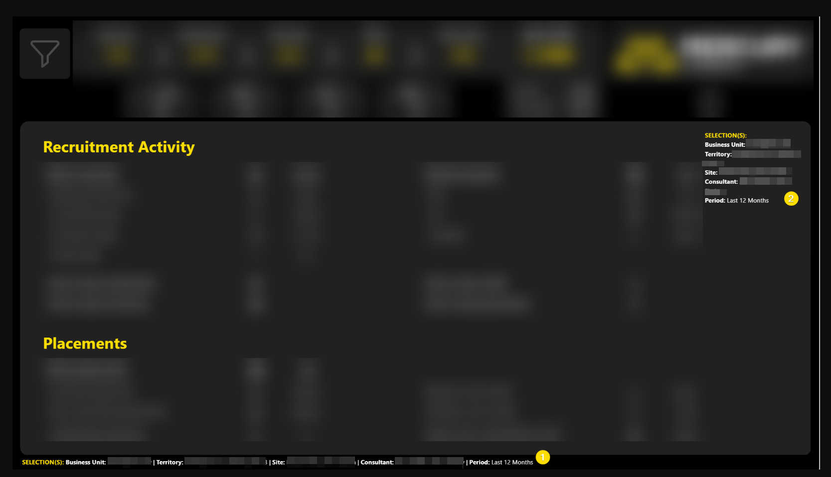 Power BI report page showing two versions of the applied filters text
