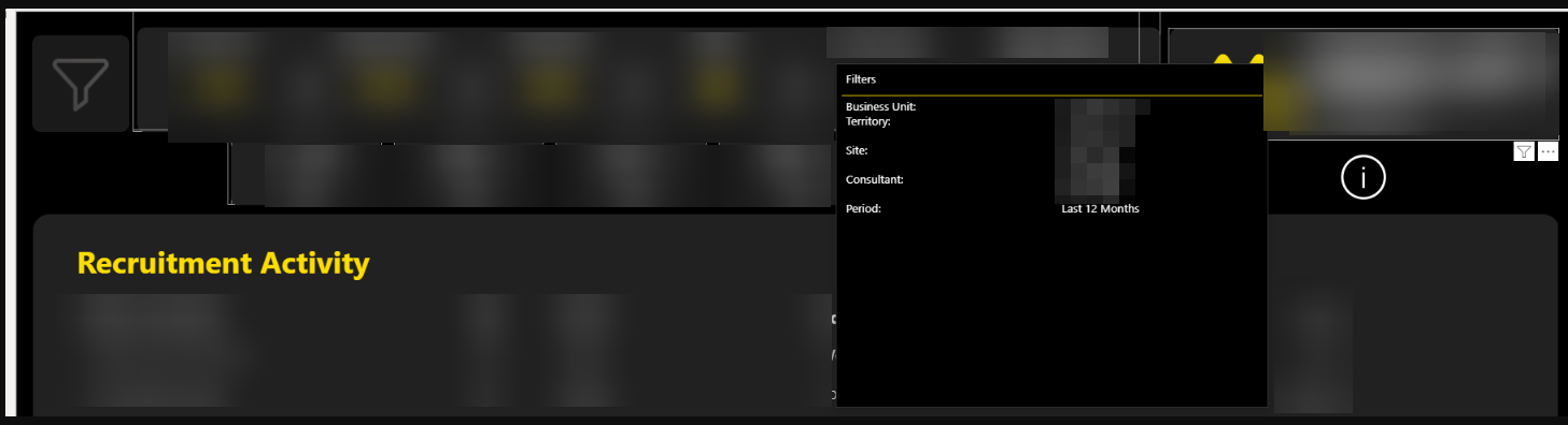 Power BI report page showing filters selected when hovering over logo