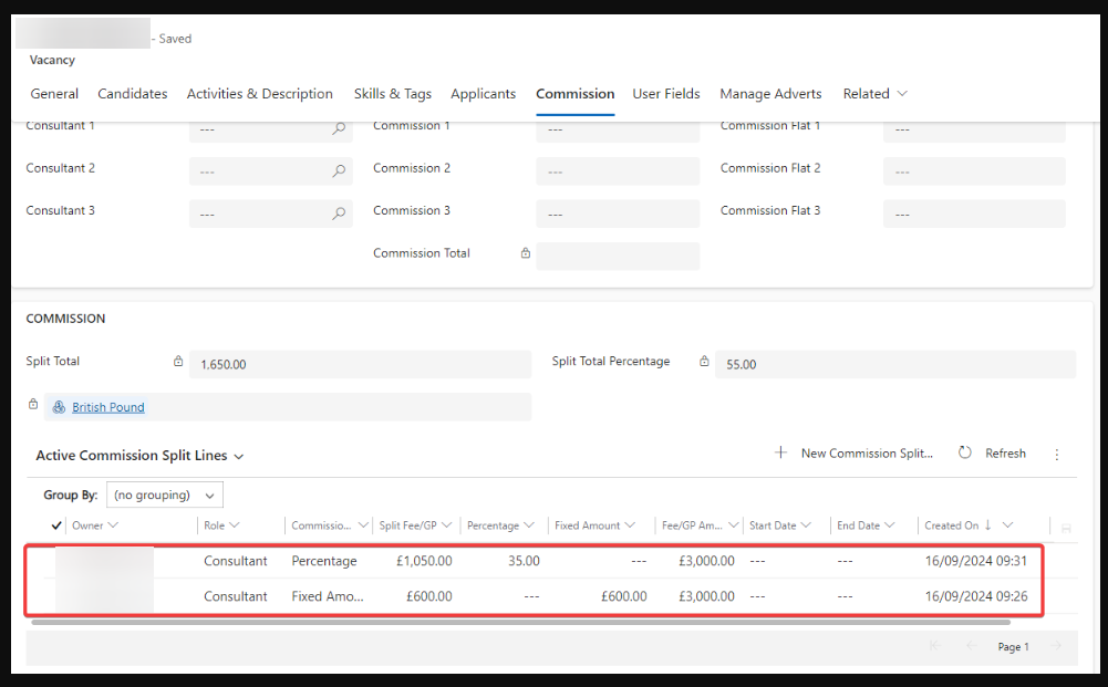 Core table showing commission splits