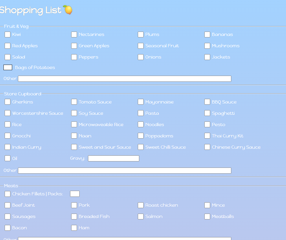 Extract of the finished Shopping List website